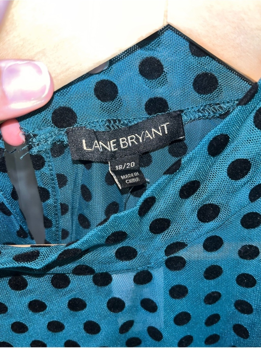 Lane Bryant Teal Velvet Polka Dot Sheer Mesh Mock Neck Top 18/20 - Picture 5 of 6